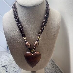 Wooden Heart Pendant Necklace with Multi-Strand Design